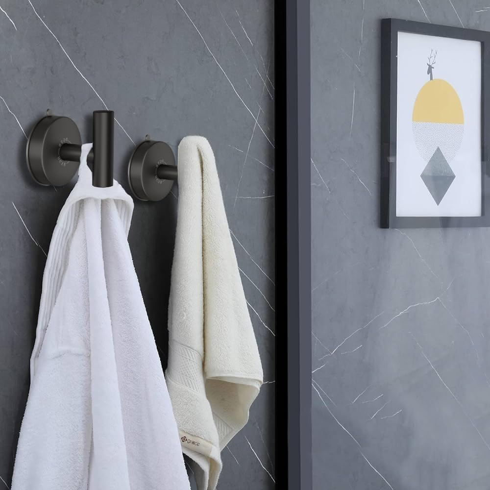 DGYB Large Suction Cup Hooks Black Stainless Steel Suction Shower Hooks for Loofah Set of 2 Towel Hook 11 Lb No Drill Hook for Bathroom