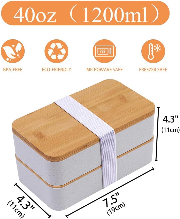Japanese Bamboo Bento Box with Compartments and Utensils Stackable Lunch Box Includes Lunch Bag for Meal Prep Beige