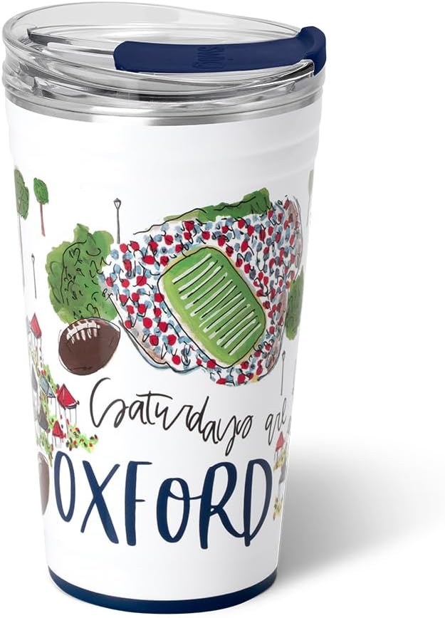 Swig Life 24oz Party Cup, Stackable Insulated Travel Coffee Tumbler with EZ Slider Lid, Cup Holder Friendly, Stainless Steel 24 oz Tumbler, Reusable Mug (Saturdays In Oxford)
