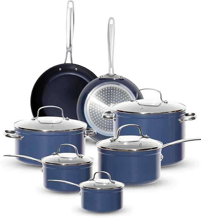 Nuwave Healthy G11-Pots and Pans Set Non Stick, 9H Near-Diamond Hardness Scratch-Resistant, Works on All Stovetops, PFAS Free, with Frying Pans, Saucepans & Glass Lids, Stay-Cool Handles, Deep Blue