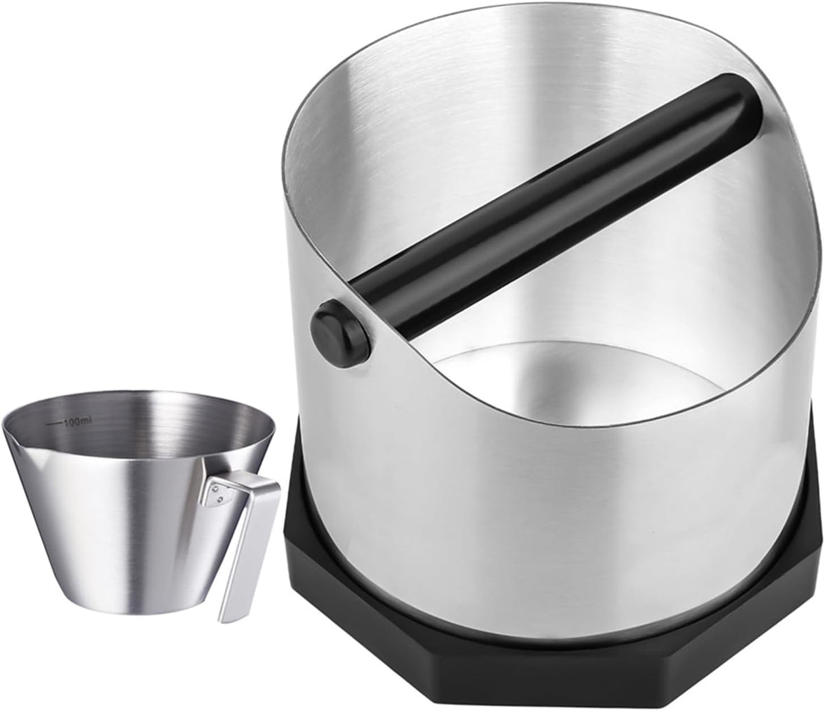 Coffee Knock Box, Large Capacity Espresso Knock Box with Non-Slip Base, Coffee Measuring Cup,Coffee Puck Knock Box Stainless Steel for Espresso Machine Coffee Grounds (Silver)