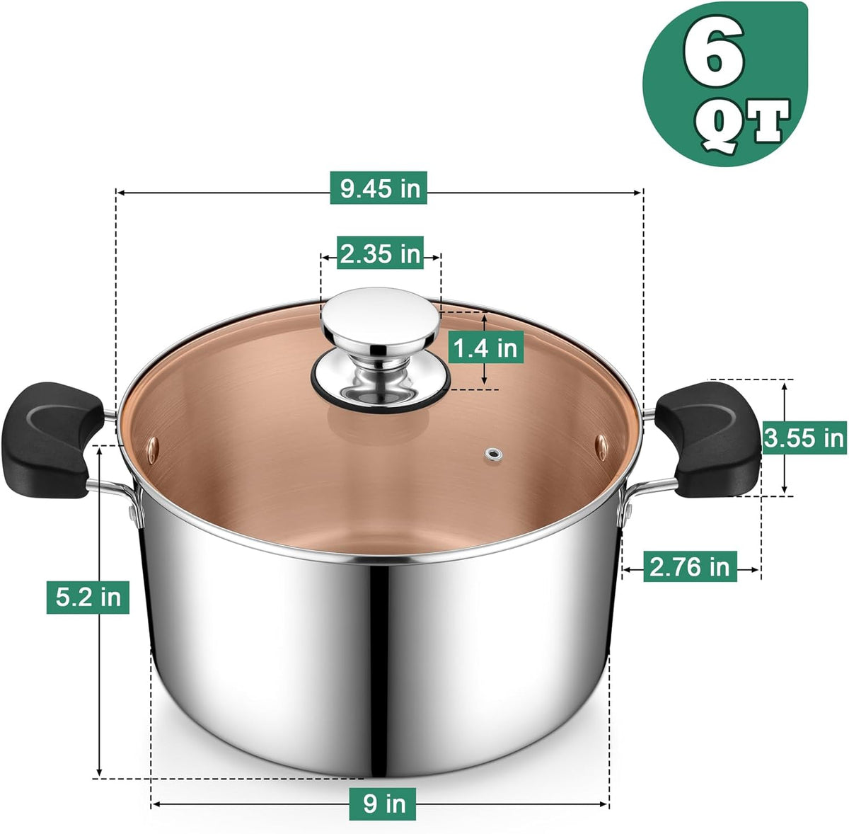 6 Quart Cooking Pot Stockpot with Lid, P&P CHEF Tri-ply Stainless Steel Pot for Pasta Soup, Work on Multi Stove Tops, Heat-resistant Pot Handles, Heavy-Duty & Dishwasher Safe
