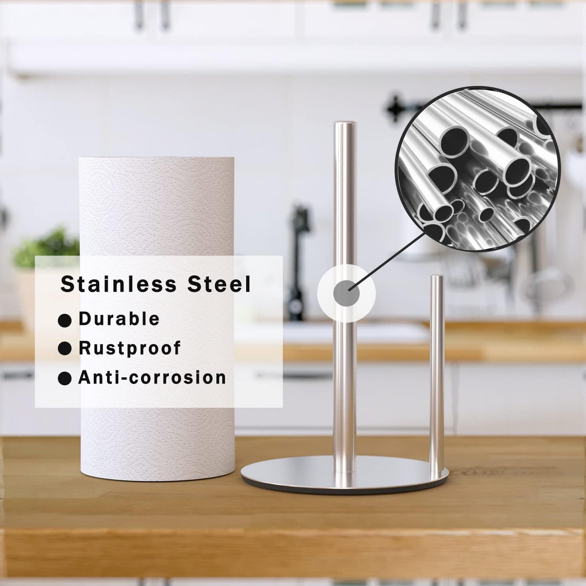 Paper Towel Holder Silver, Premium Stainless Steel Kitchen Roll Dispenser, Countertop Roll Organizer with Weighted Base