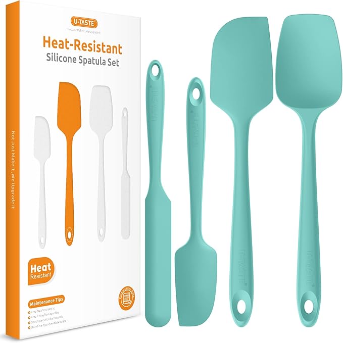 Heat Resistant Silicone Spatula Set: U-Taste 600ºF High Temp Seamless Food Grade Utensil, Flexible Rubber Silicon Kitchen Cooking Mixing Baking Scraper for Nonstick Cookware Set of 4 (Aqua Sky)