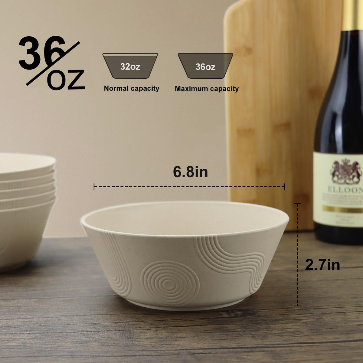 Wheat Straw Bowl Sets with Textured Pattern,6 PCS Unbreakable Cereal Bowl 36 OZ,Microwave and Dishwasher Safe Bowls,Soup Bowl Sets BPA Free for Salad (Beige