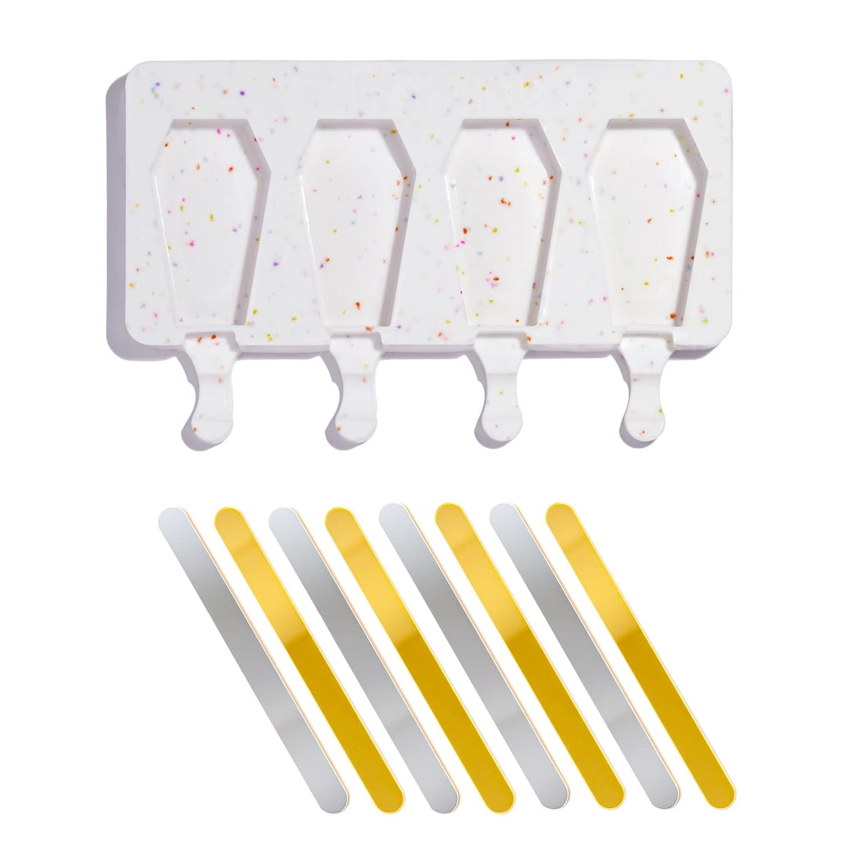 Fancy Sprinkles Limited Edition Halloween Elvira Coffin Cakesicle Mold, 4 Cavities Reusable Silicone, For Baking & Dessert Decorating, Includes 8 Dual-Sided Metallic Acrylic Sticks (10 ¼” x ⅞” x 6 ⅜”)