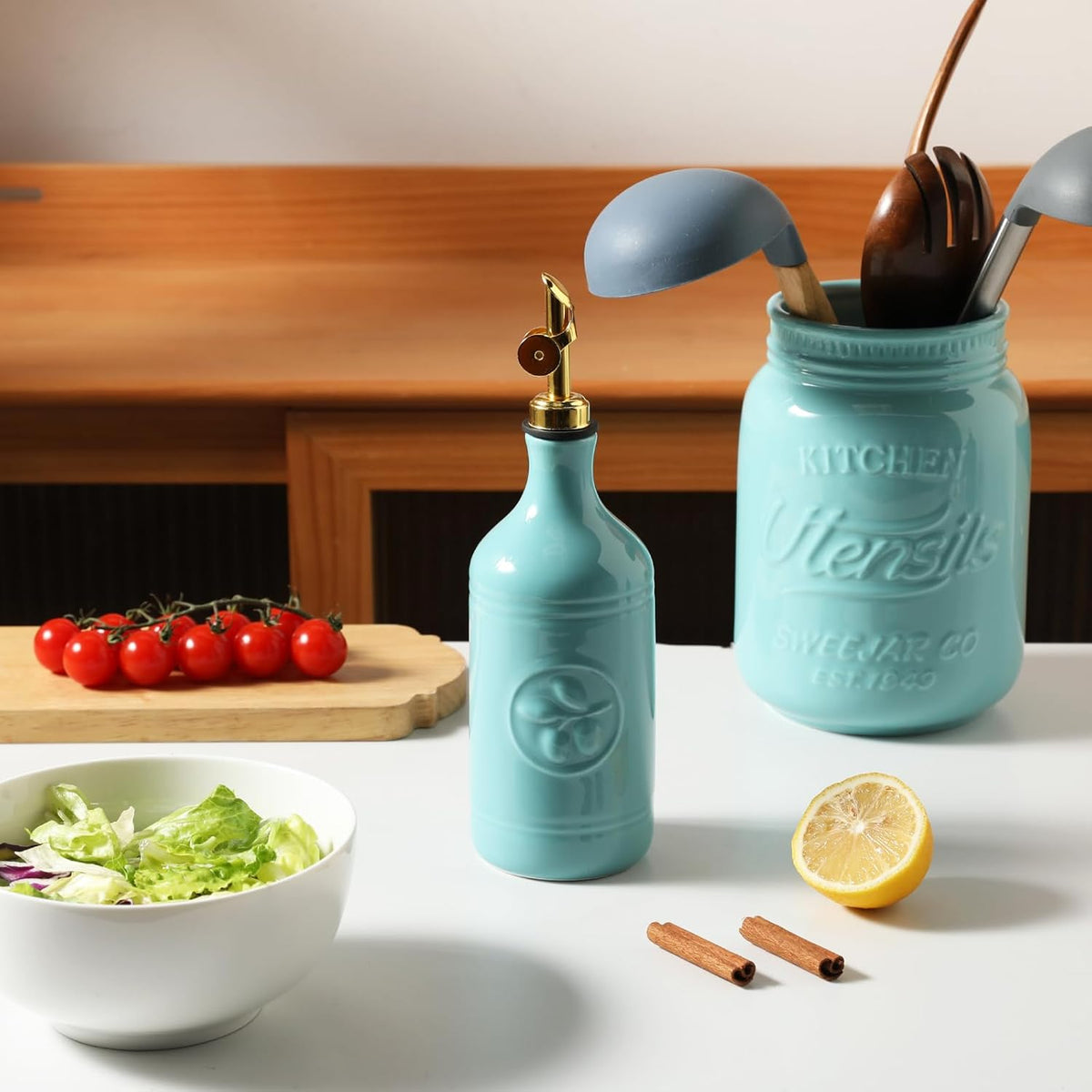 Sweejar 16 Oz Ceramic Olive Oil Dispenser Bottle, Oil Dispenser for Kitchen with Gravity Spout, Relief Opaque Vinegar Container for Evoo, Soy Sauce, 1 Pack(Turquoise, Gold Spout)