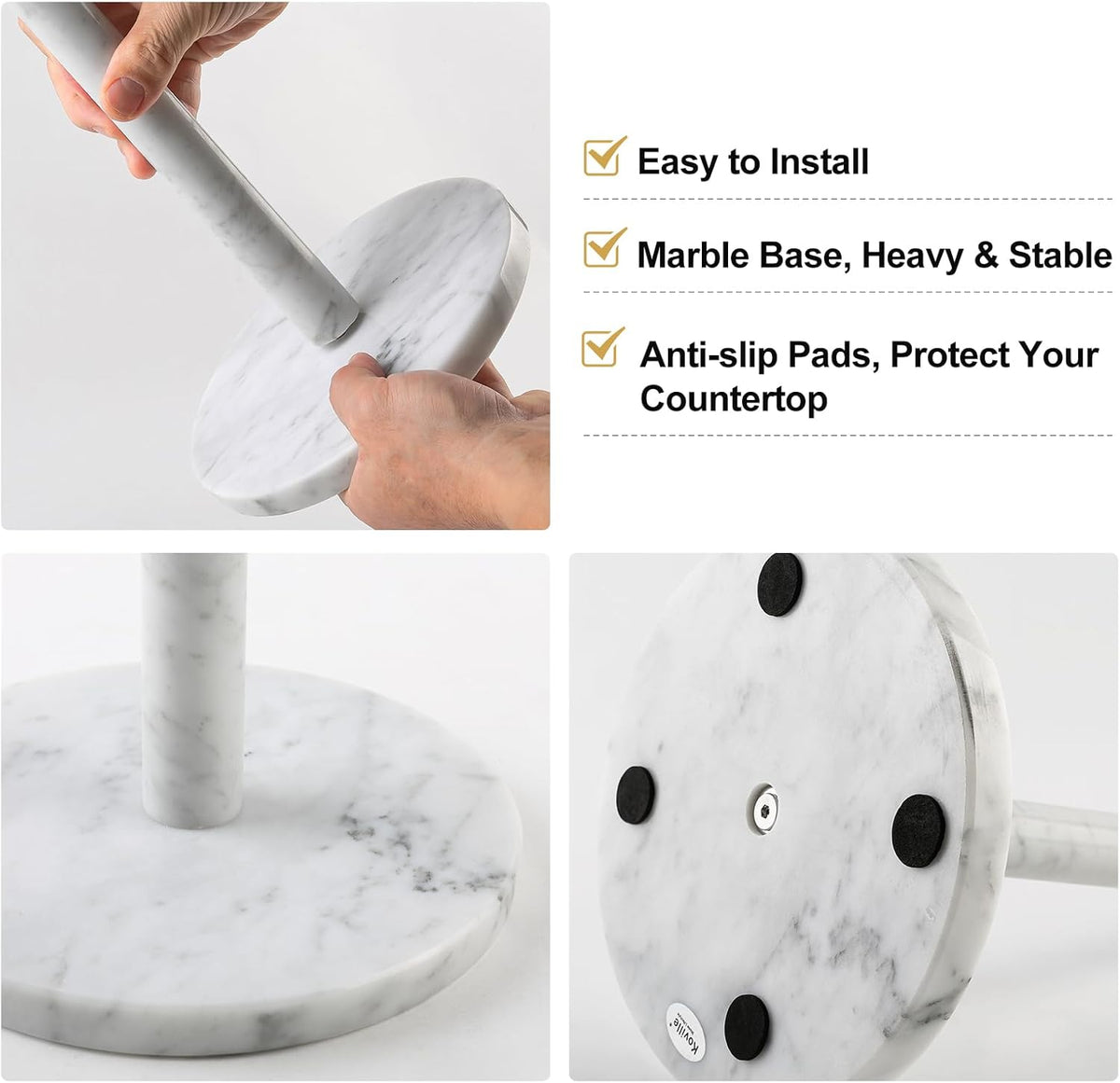 Koville Italian Marble Paper Towel Holder Countertop, Stone Rod Paper Towel Holder Stand for Kitchen Storage, for Standard or Jumbo-Sized Rolls(Bianco Carrara)