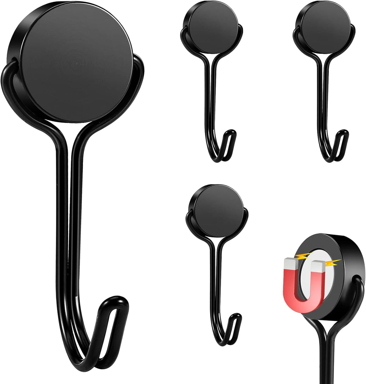 Magnetic Hooks, Heavy Duty 304 Stainless Steel Magnet Hooks for Cruise Refrigerator Grill,Strong Magnets with Hooks for Home Kitchen, Garage Key Holder,4pack （Black,1.1in-1 22Lbs）