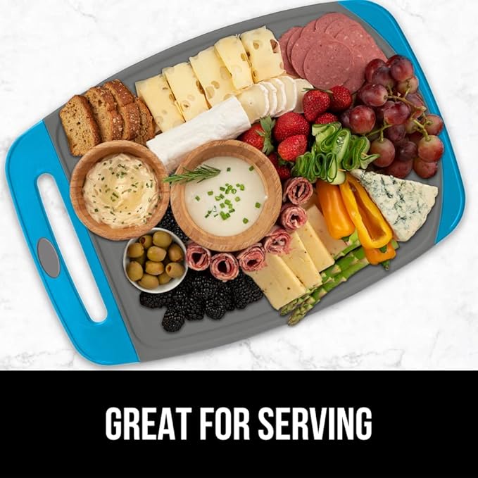 GORILLA GRIP BPA-Free Reversible Kitchen Cutting Board Set of 3, US Designed, Nonporous, Juice Grooves Catch Liquid, Slip Resistant Border, Dishwasher Safe, Durable Food Chopping Boards, Aqua Gray