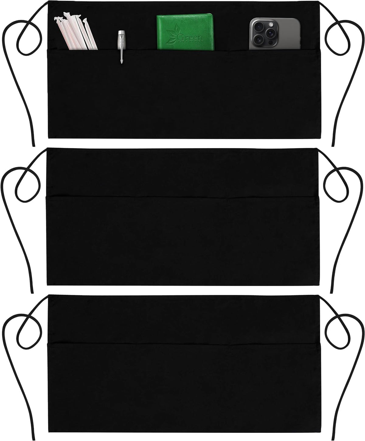 GREEN LIFESTYLE 3 Pack Server Aprons with 3 Pockets - Waist Apron, Waitress Apron for Women and Man, Water Resistant with Long Waist Strap Reinforced Seams, Half Apron (Black)