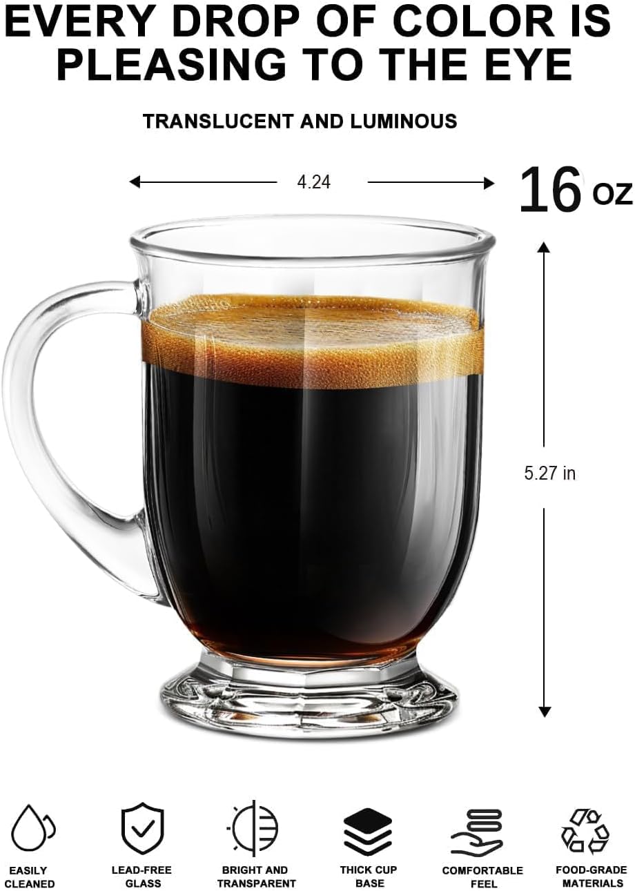 Glass Coffee Mugs Set of 4, 16 OZ Large Clear Glass Beer Cups with Handle,Striped Mug for Hot Beverages,Tea, Cappuccino, Latte, Espresso, Juice Mothers