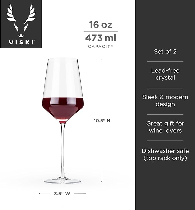 Viski Raye Angled Bordeaux Wine Glasses, Elegant and Modern Drinking Glasses for Red Wine, Crystal Stemmed Glassware, Home Bar, Dinner Party, Wedding Gifts, Hosting Essentials, 16 oz, Set of 2