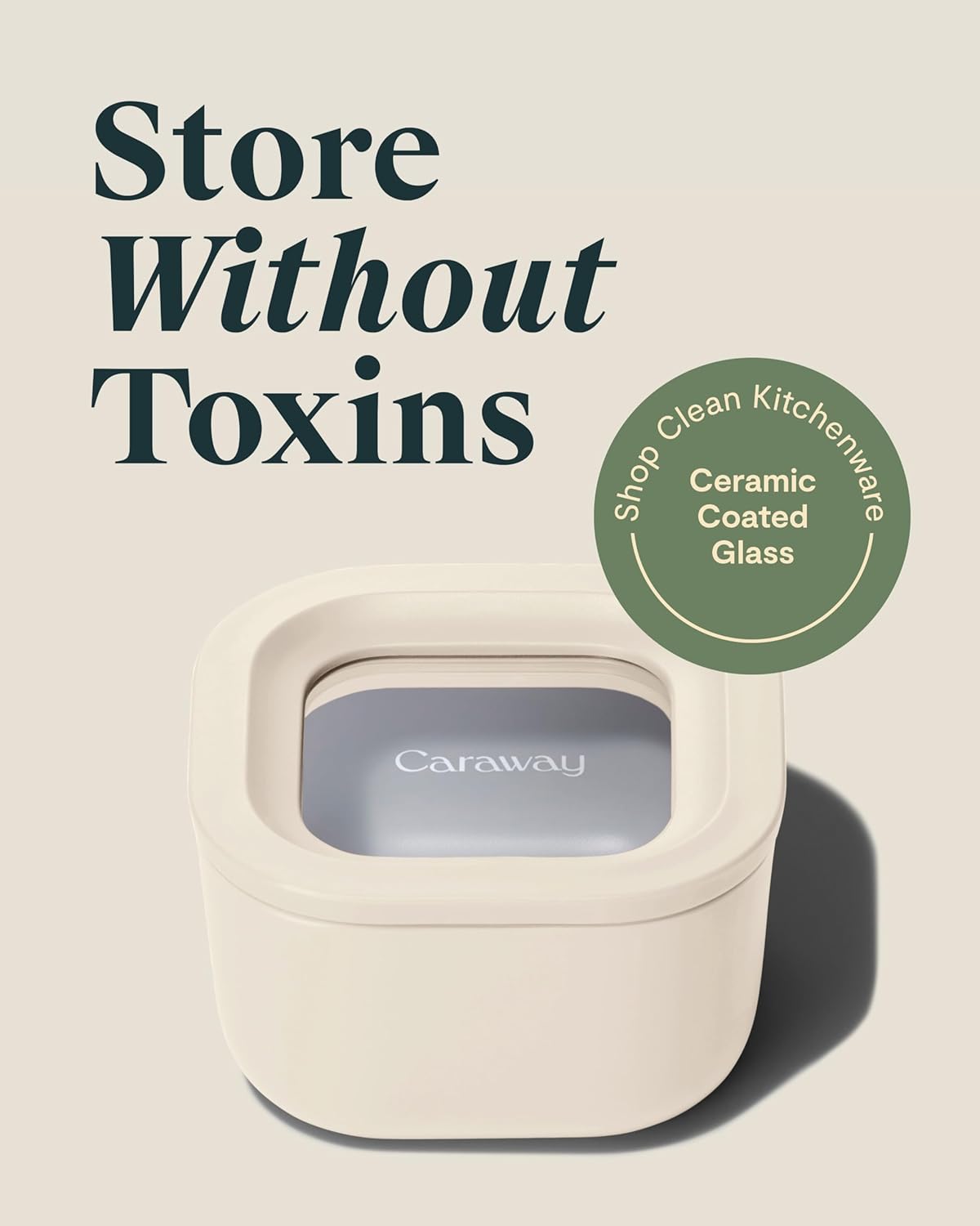 Caraway Mini Square Food Storage Container - 1.75 Cup Glass Storage Container for Food - Non-Toxic Ceramic-Coated Glass - Air Release Technology - Compact & Stackable Design - Cream