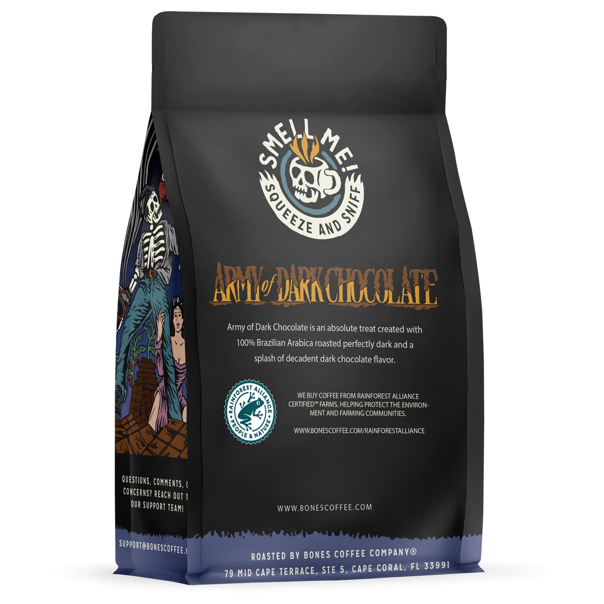 Bones Coffee Company Army of the Dark Chocolate Flavored Coffee, Medium Roast Low Acid Arabica Beans Compatible with Auto drip and French Press Coffee Maker, 12 Oz Whole Bean