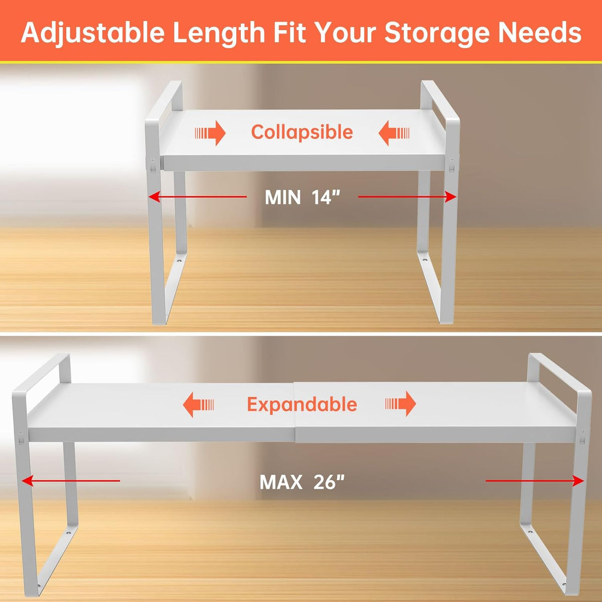 Adjustable Kitchen Shelf Organizer 9", (2 Pack) Heavy-Duty Cabinet Shelves for Countertop, Pantry & Microwave, Expandable Space-Saving Storage Rack with Non-Slip Pads, White