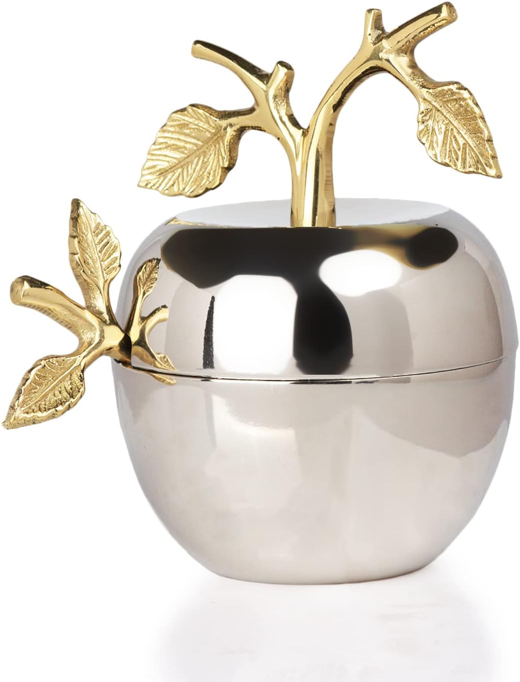Silver Honey Jar Dish, Apple & Leaf Honey, Jam Server with Dipper Spoon Ideal for Serving Honey, Jams, Jellies, Gorgeous Gold Leaf Spoon, Stainless Steel & Brass, Everyday Rosh Hashanah & any Occasion