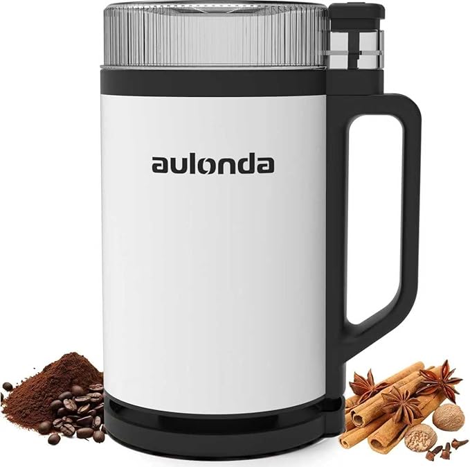 Professional Electric Coffee Grinders,10 OZ Large Capacity or Coffee Beans & Spices,One Touch Push-Button Control,350W Motor with Stainless Steel Blades,Safety Lid Lock - White