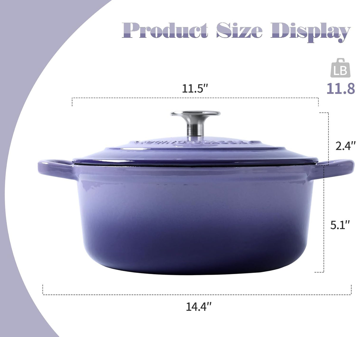 Enameled Cast Iron Covered Dutch Oven with Dual Handle, Dutch Ovens with Lid for Bread Baking, Safe to 500 degrees, 3.5 Quart, Purple