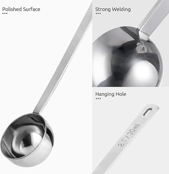 U-Taste Coffee Scoop 2 Tablespoon: 18/8 Stainless Steel Measuring Scooper for Ground Coffee, Bean, Powder, Espresso, 8.5in Extra Long Handle Metal Meaure Spoon for Canister, Jar (2Tbsp/30ml, Silver)