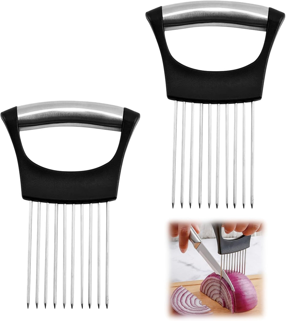 Stainless Steel Onion Slicer Holder, Onion Holder for Slicing & Onion Cutter, Tomato Slicer for Vegetables (Onions, Tomatoes, Potatoes, Avocados, Eggs), Kitchen Slicing Assistant Tool (A-2 PCS)