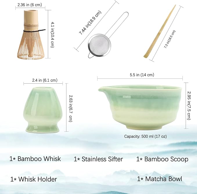 Japanese Matcha Set, Matcha Bowl with Spout, Matcha Whisk and Holder, Bamboo Matcha Scoop and Stainless Steel Sifter - 5 Pcs Gradient Green Matcha Kit for Matcha Lover