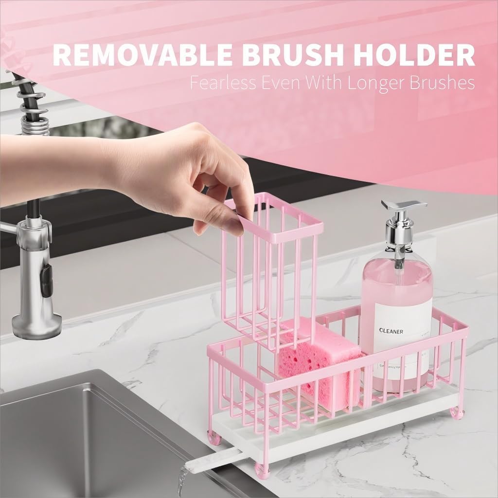 Cisily Pink Sponge Holder for Kitchen Sink, Sink Caddy Organizer with High Brush Holder, Countertop Organizers and Storage Essentials, Rustproof 304 Stainless Steel, Pink kitchen Accessories and Decor