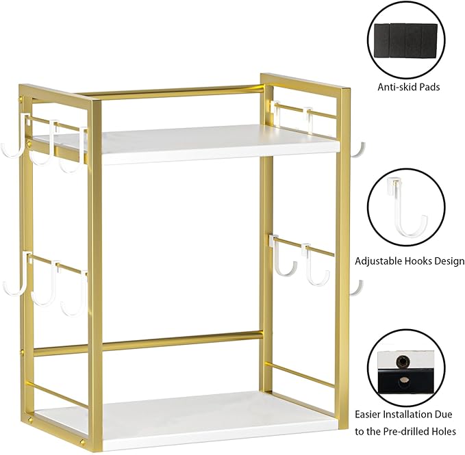 Dorhors 2 Tier Coffee Bar Accessories and Organizer,Multi-functional Mug Holder with 12 Hooks,Wood Coffee Station Organizer,Kitchen Countertop Shelf (Gold + White)