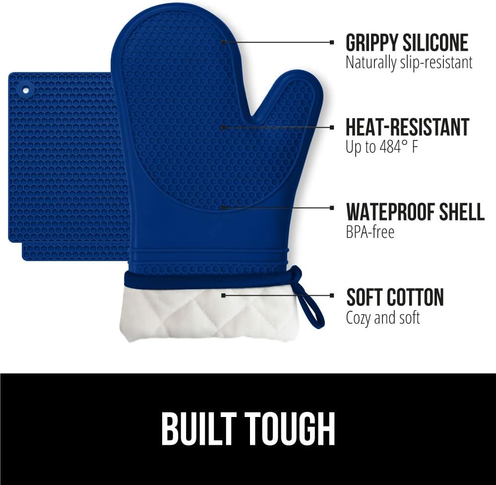 GORILLA GRIP BPA-Free Soft Silicone Oven Mitts and Pot Holders Sets of 4, Heat Resistant Waterproof Cooking Gloves, Thick Cotton Lining, Flexible Gripping for Baking Grilling, Kitchen Trivets, Blue