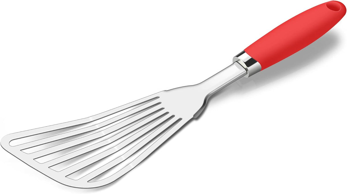 304 Stainless Steel Fish Spatula, Non-Slip Ergonomic Handle Slotted Spatula, Red