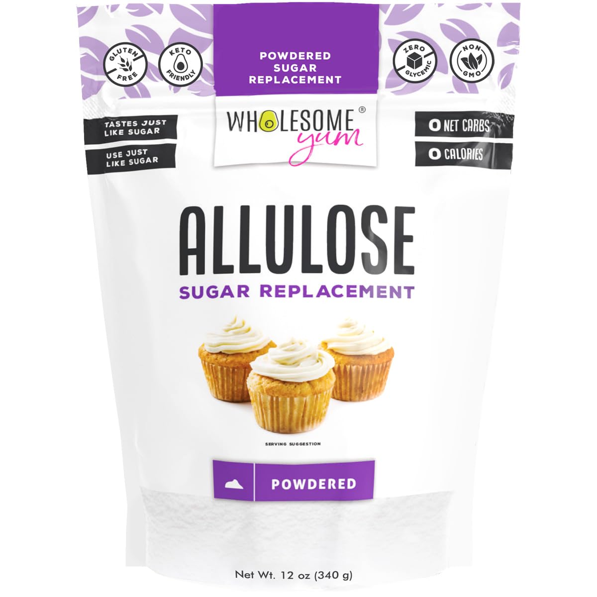 Wholesome Yum Powdered Allulose Sweetener - Natural Keto Powdered Sugar Substitute - Non GMO, Zero Carb, 0 Calorie, Sugar Free, No Aftertaste, Tummy Friendly - Confectioners Sugar Replacement (12 oz)