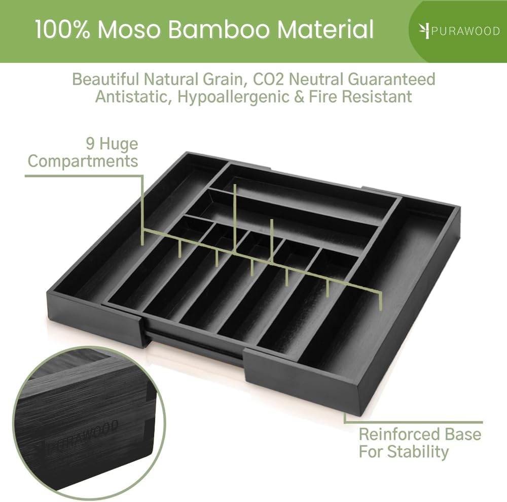 Purawood Bamboo Drawer Organizer - Expandable Silverware Organizer & Utensil Organizer, Cutlery Tray with Dividers, 7-9 Slots - Premium Kitchen Drawer Organizer for Utensils & Flatware (Black)