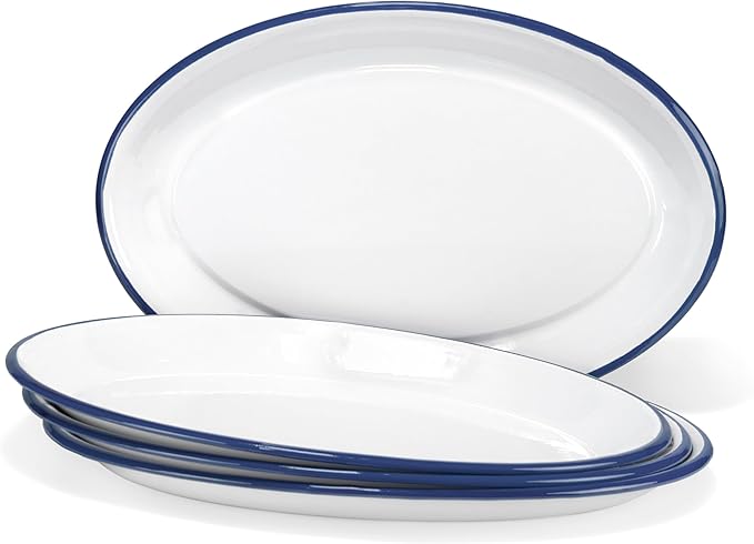 Red Co. Set of 4 Enamelware Metal Classic 13" Serving Oval Tray Platter, Solid White/Navy Blue Rim