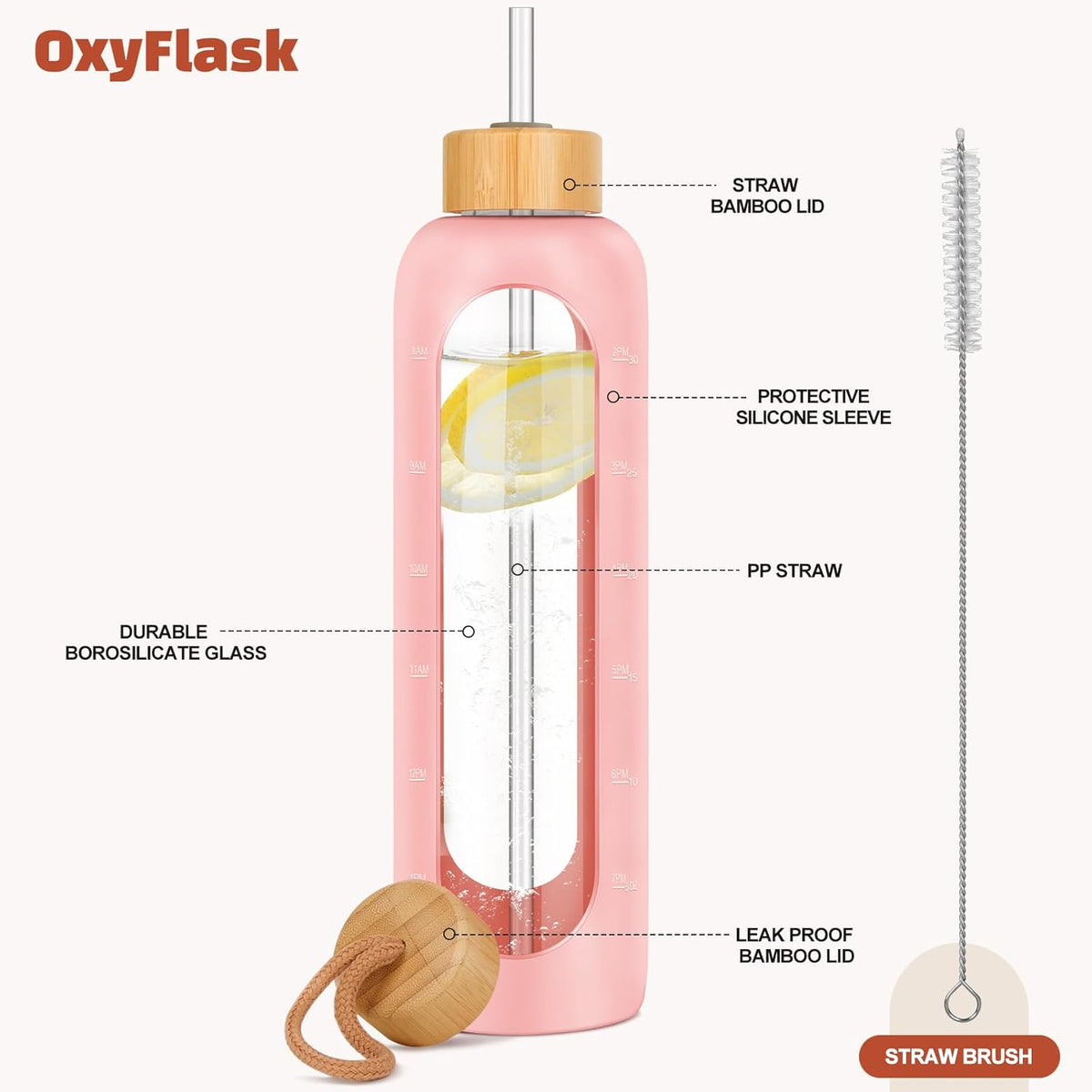 Glass Water Bottles 32 oz - Motivational Drinking Glass Water Bottle with Silicone Sleeve, Straw & 2 Bamboo Lids - 1 Liter Clear Borosilicate Daily Intake Tumbler with Time Marker - Pink