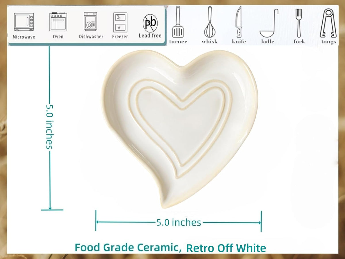 Ceramic Spoon Rest for Stove Top, Heart Cute Spoon Rest for Kitchen Counter, Cooking Spoon Holder for Kitchen Counter, Utensil Rest Spatula Rest Ladle Holder Tong Rest (Retro White)