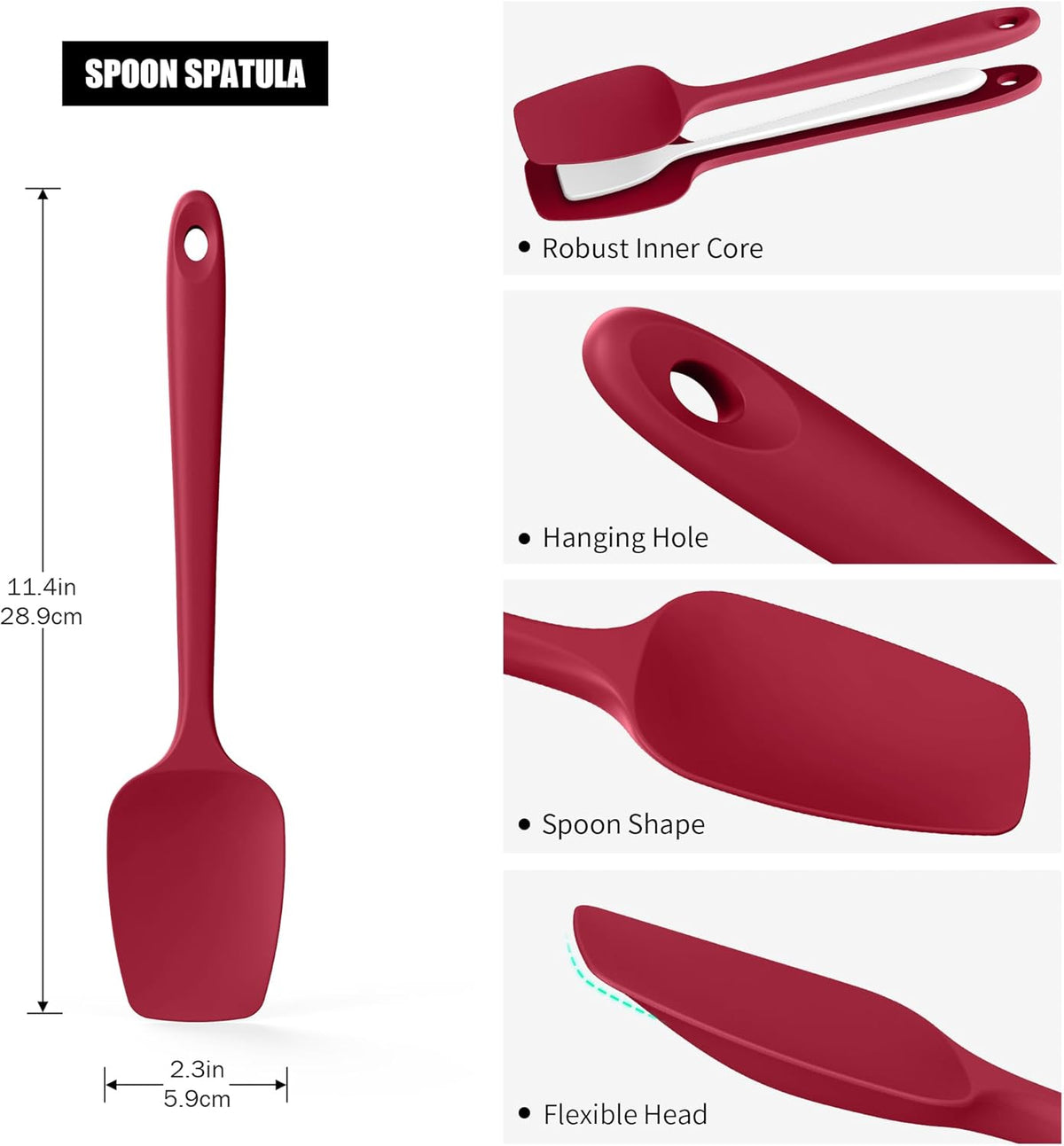 Heat Resistant Silicone Spoon Spatula, Doosu 600°F High Temp Flexible Cooking Spoons Kitchen Rubber Spoonula Scratch-Proof for Mixing Stirring Scraping Serving Non-Stick Cookware (11.4in, Red)
