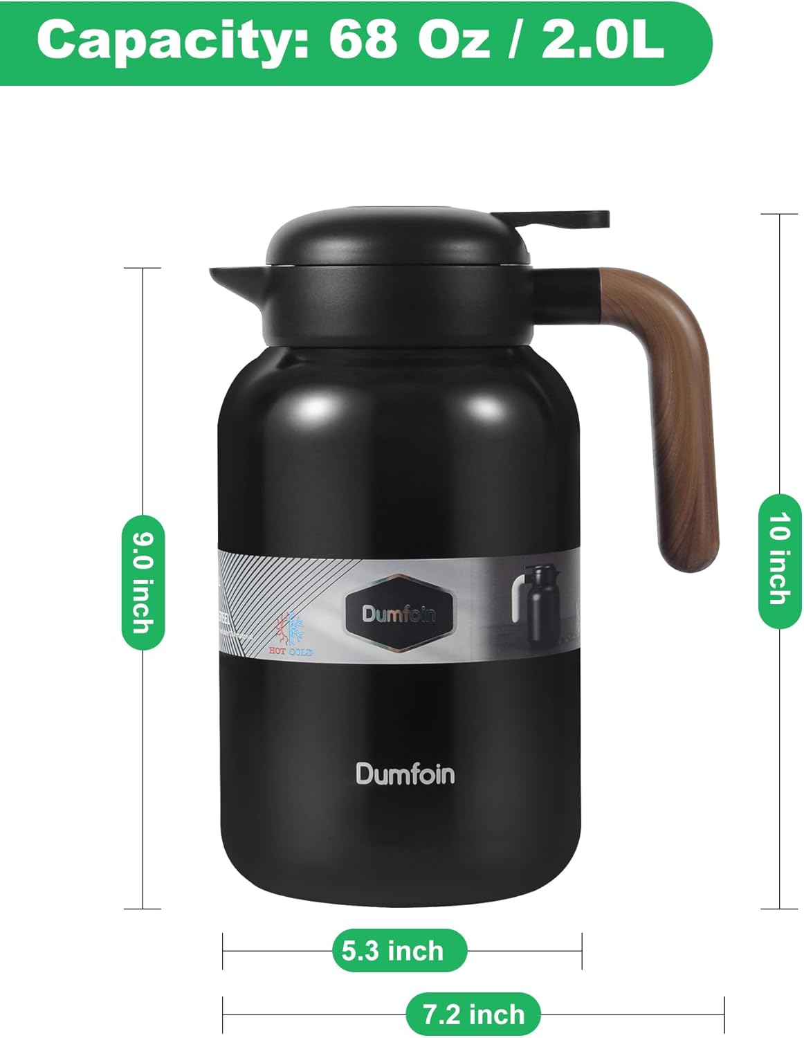 68 Oz Thermal Coffee Carafe, Stainless Steel Insulated Vacuum Coffee Carafes For Keeping Hot, 2 Liter Carafe for Hot Liquids (Black)