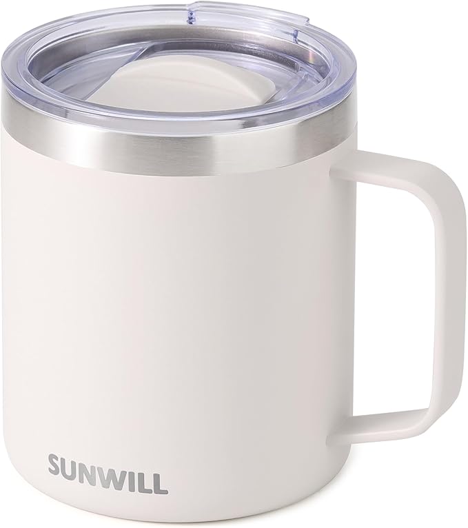 SUNWILL Travel Coffee Mug with Lid, Insulated Tumbler with Handle, 14 oz Stainless Steel Cup for Home, Office, Camping, Powder Coated Cream