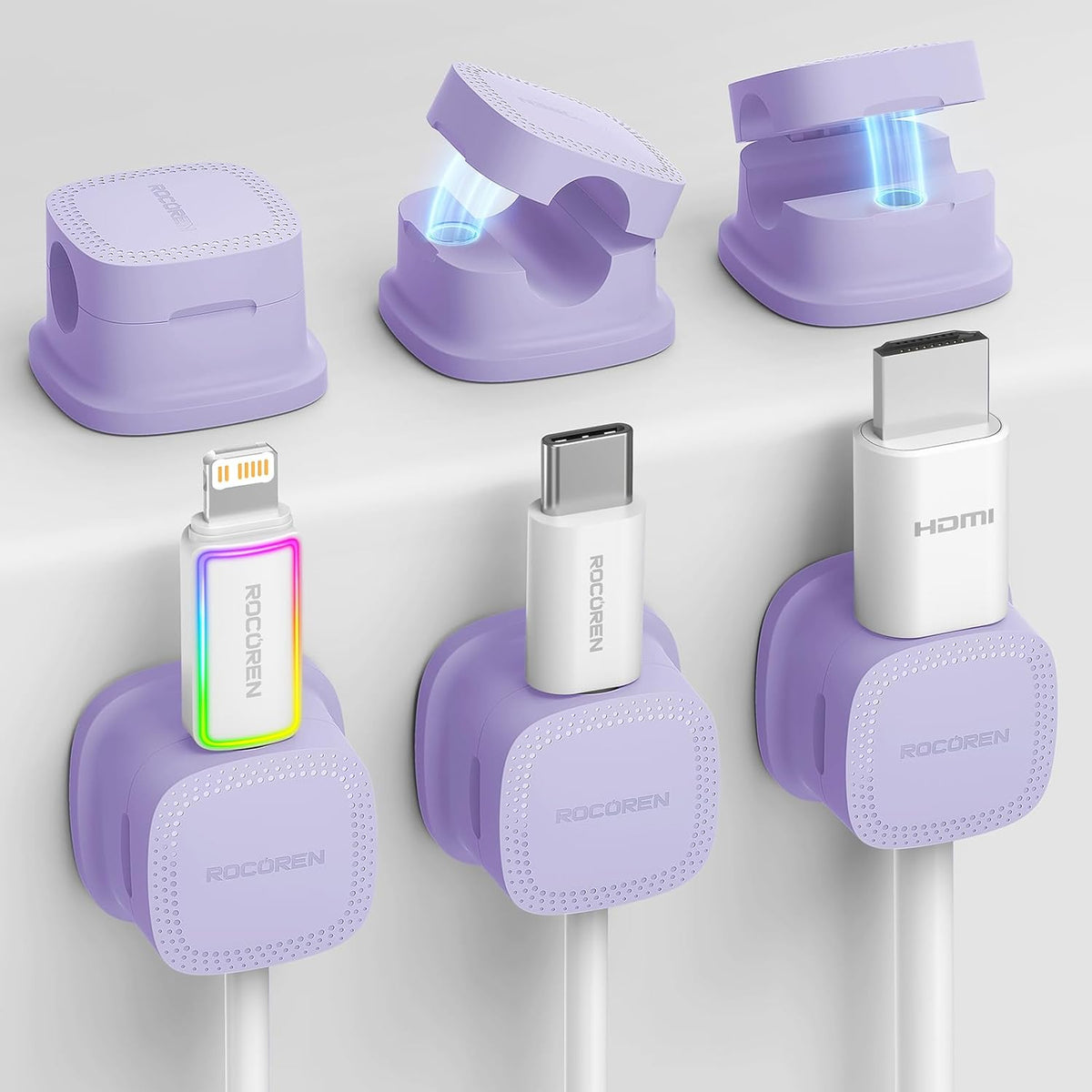 6 Pack Cable Management Cord Organizer, Magnetic Cable Clips-1s Lock, Rocoren Desk Adhesive Cord Cable Clip Wire Holder Keeper for Phone Charger Wire, Nightstand, Car, Office, Desktop Accessory,Purple
