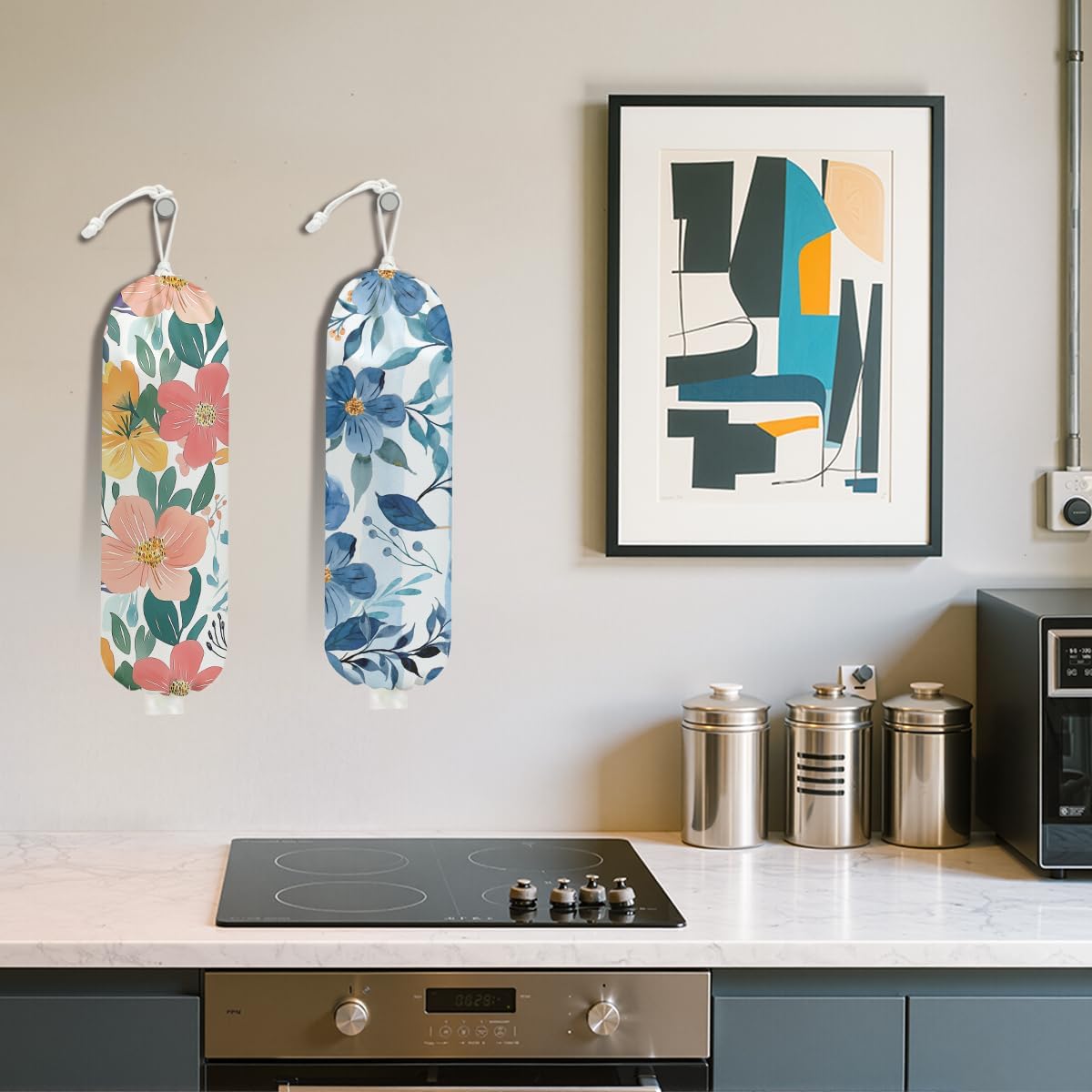 2Pcs Watercolor Flower Plastic Bag Holder, Wall Mount Grocery Bag Holder for Plastic Bags, Colorful Floral Reusable Grocery Bags Storage Dispenser for Home Kitchen Decor, Flower Gifts for Women Mom