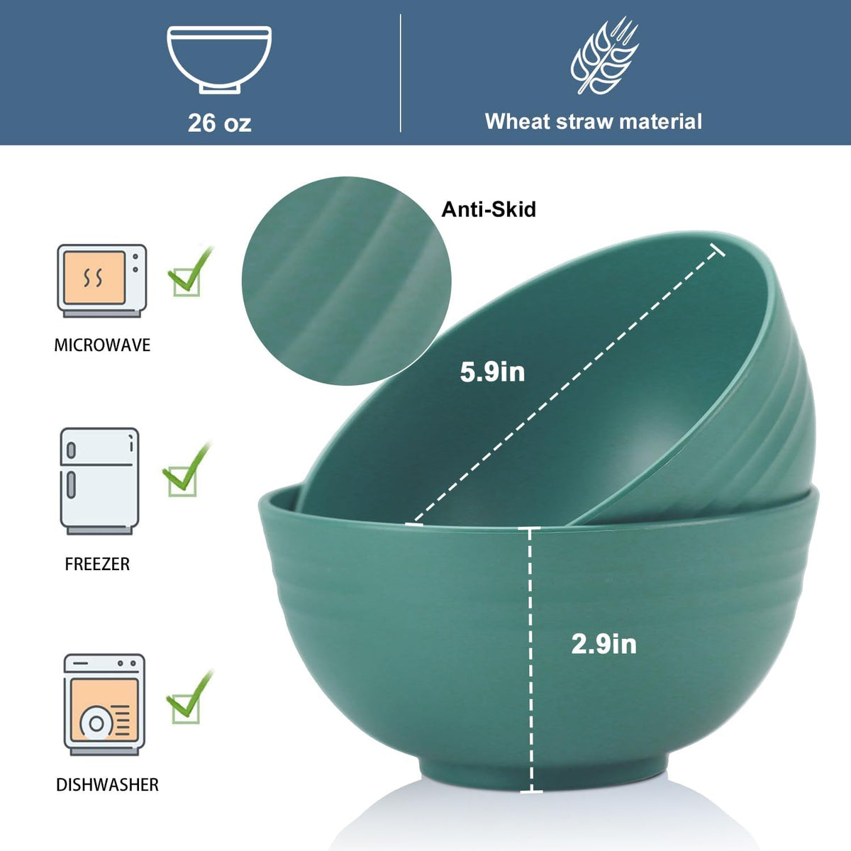 Wheat Straw Bowl Sets,8 PCS Unbreakable Cereal Bowls 26 OZ,Microwave and Dishwasher Safe Bowls,Kids Bowl suitable for cereal,salad,snack and soup (Green)