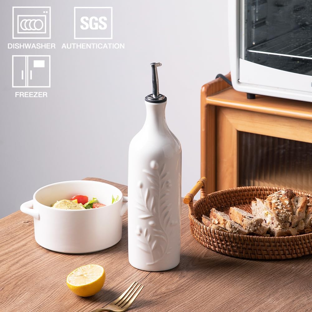 Sweejar Large Olive Oil Dispenser Bottle with Spout, 24 Oz Ceramic Oil Dispenser for Kitchen, Relief Opaque Oil Cruet, Oil Container for Cooking, EVOO, Avocado Oil, Vinegar, Pack of 1 (White)