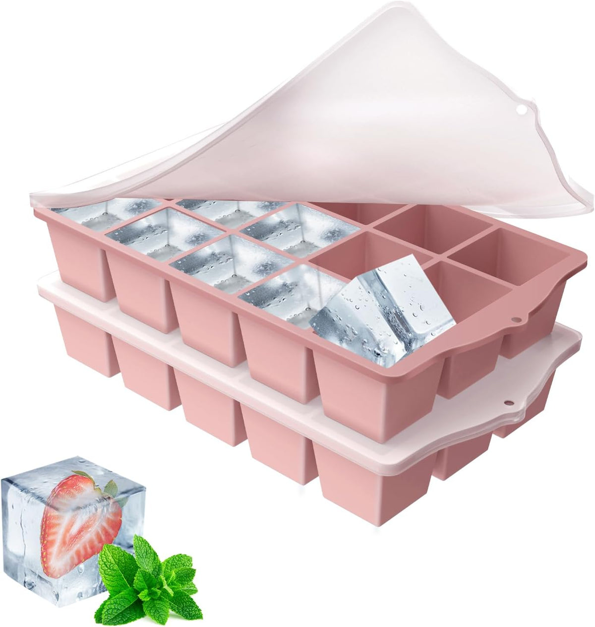 Silicone Ice Cube Tray, 2 Pack Easy-Release Stackable Ice Trays for Freezer with Lid 15 Reusable Cubes, Food Grade BPA Free Ice Molds for Whiskey, Baby Food, Coffee, Cocktail, Drinks (Pink)