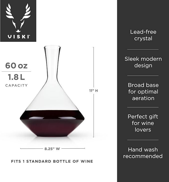 Viski Angled Wine Decanter, Lead-Free Crystal Carafe for Red and White Wine with Broad Base for Aeration, Elegant Large Pitcher for Wedding Gifts, Housewarming Essentials, 60 oz (1.8 L), Set of 1
