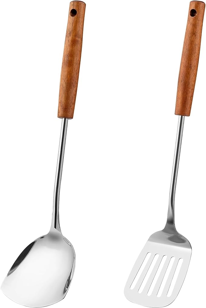 FJNATINH Spatulas and Turner Set - Stainless Steel Wok Tools, Wok Utensil,Stainless Steel Cooking Utensils 14.6-15.2" Kitchen Utensils Cookware (Wood Handle-Spatulas 2PCS)