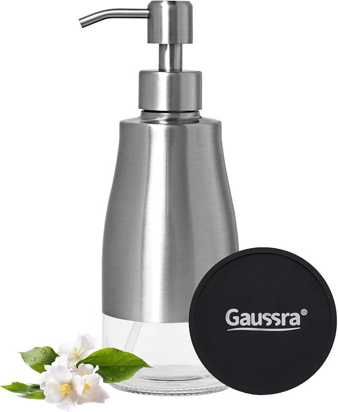 Gaussra Soap Dispenser with Coaster and Stickers, Brushed Nickel Stainless Steel Case Glass Liner Hand Pump Dispenser, Refillable Liquid Hand Soap Dispenser for Bathroom & Kitchen (11OZ / 320ML)