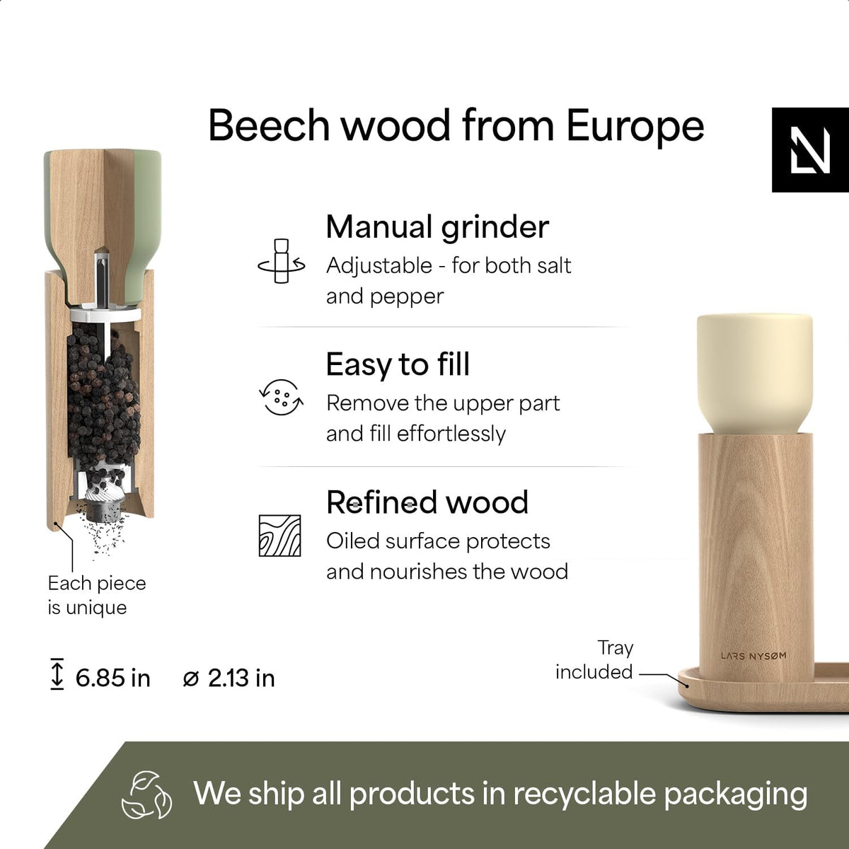 LARS NYSØM Wooden Salt and Pepper Grinder Set Manual with Tray - Salt and Pepper Mills with Adjustable Ceramic Grinder - Elegant Beechwood Pepper and Salt Mill Set for Dining Table (Green/Beige)