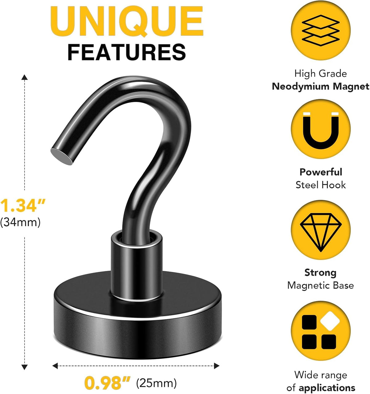 DIYMAG Outdoor Hooks for Hanging String Lights, Balck Magnetic Hooks Strong 80lbs+ Hanging Party Light Wall Cable 2025 Cruise Cabin Ship Essentials Heavy Duty Strong Magnets for Outside Grill 10PCS