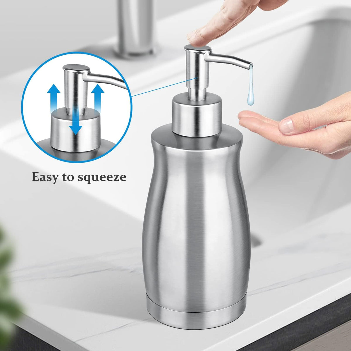 Soap Dispenser Stainless Steel - Brushed Nickel Pump Dispenser Bottle Refillable Liquid Hand Dish Soap Dispenser for Bathroom, Kitchen, Countertop, Silver (13.5 Oz / 400ML)