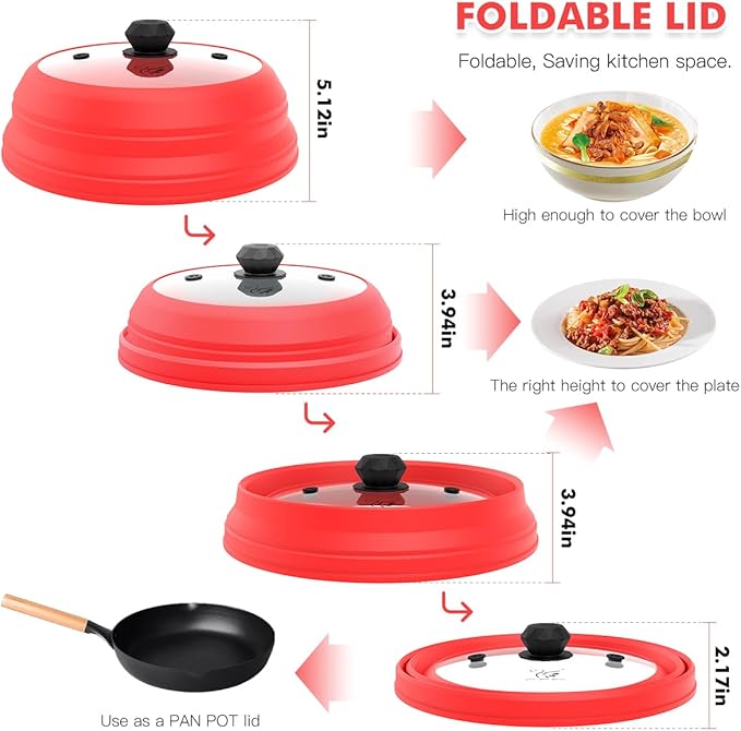 Microwave Splatter Cover Vented Glass Splatter Guard Lid with Collapsible Silicone for Food as Pot Cover 11.8 inch Large Plate for 6 7 8 9 10 11 inch Plate Bowl Red